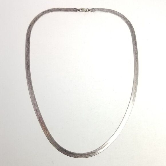Vintage Herringbone Sterling Silver Flat Chain Necklace, Tarnished, Estate - Picture 6 of 7